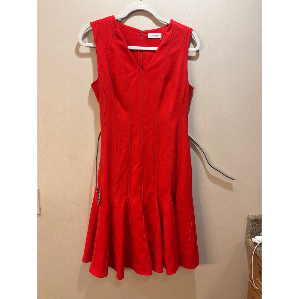 Calvin Klein Womens Red Sleeveless V-Neck Fit and Flare Pleated Dress Size 10